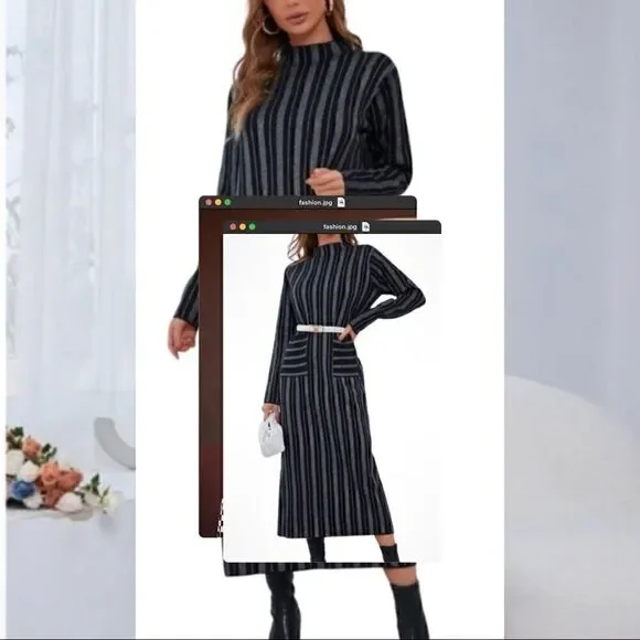 Stripe Pattern Dual Pocket Sweater Dress Without Belt Size M - Picture 2 of 5